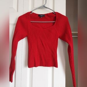 Cheery Scene Red Ribbed Long Sleeve Cropped Sweater Top, Size Small